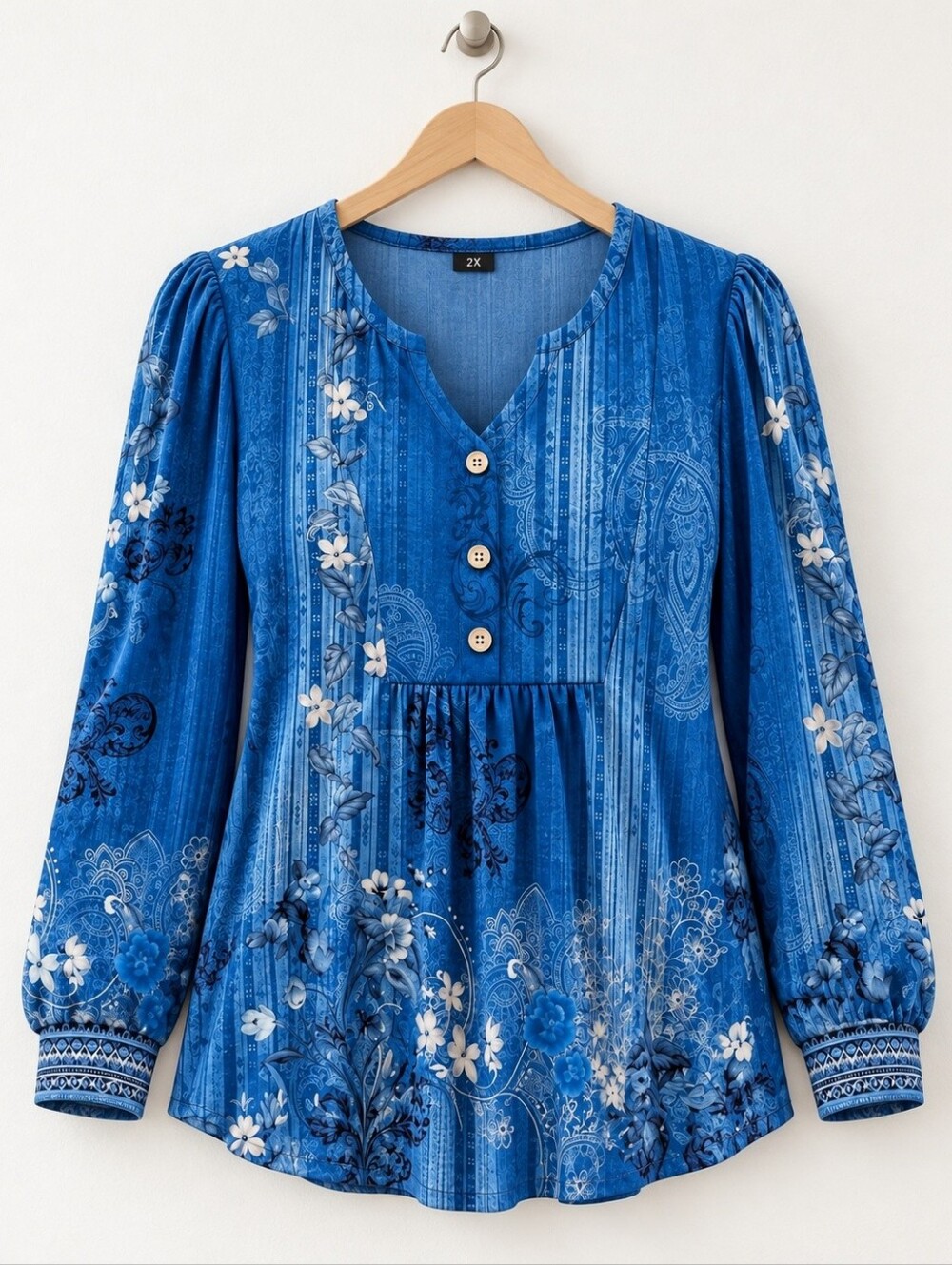 Zeagoo Blue Floral V-Neck Buttoned Peasant Blouse